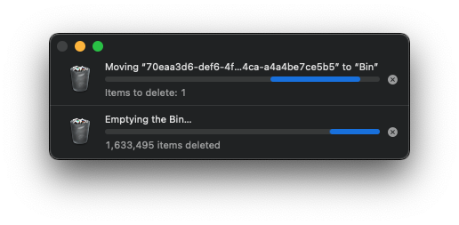 Screenshot of MacOS deleting 1.6 million files from its Trash