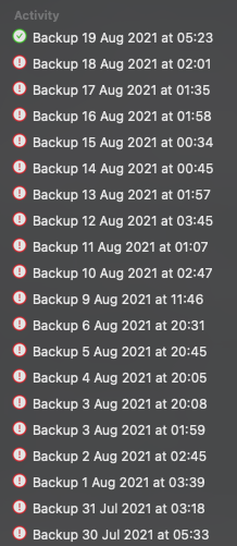 Screenshot of a long list of failed Arq backsups with a new successful one at the top