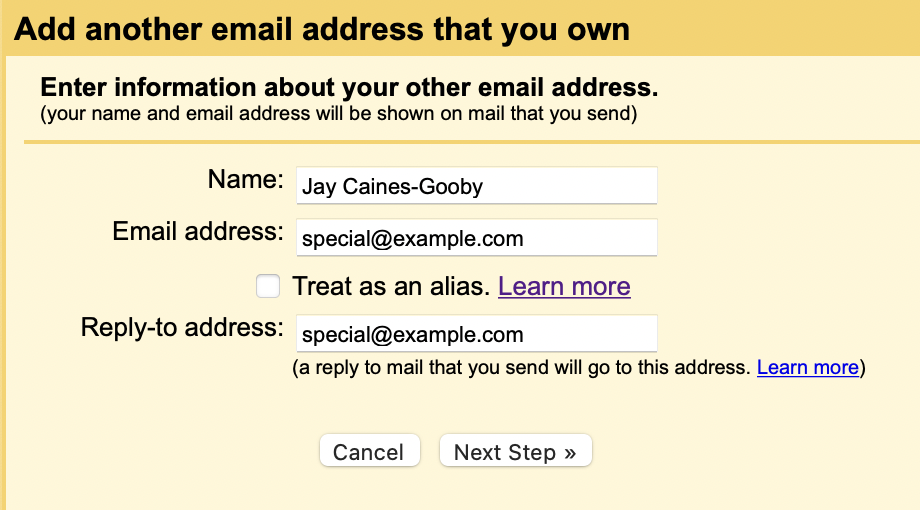 Gmail form to add a custom sending email address
