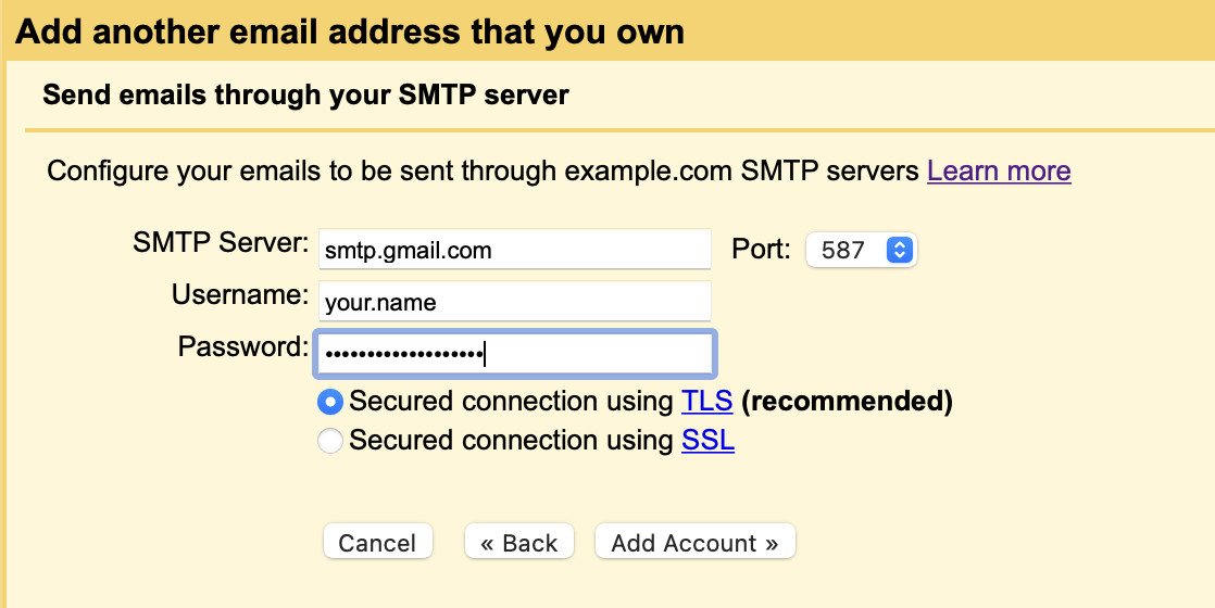Gmail form for smtp server details